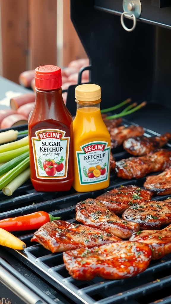 Sugar-free ketchup and mustard bottles on a grill with grilled meats and vegetables.