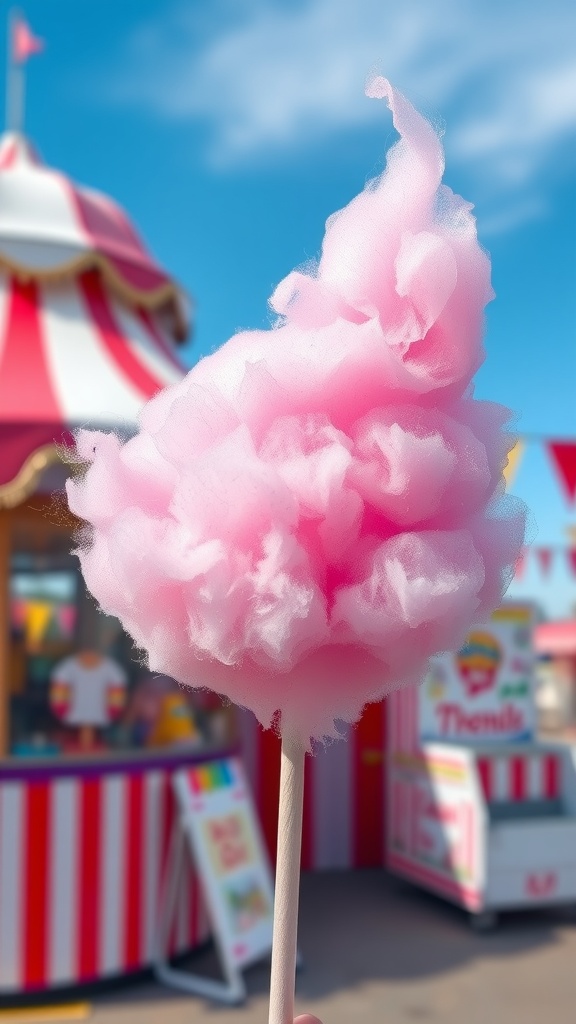 A fluffy pink cotton candy on a stick against a carnival backdrop.