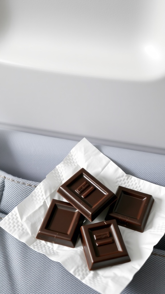 A few sugar-free dark chocolate squares on a napkin.