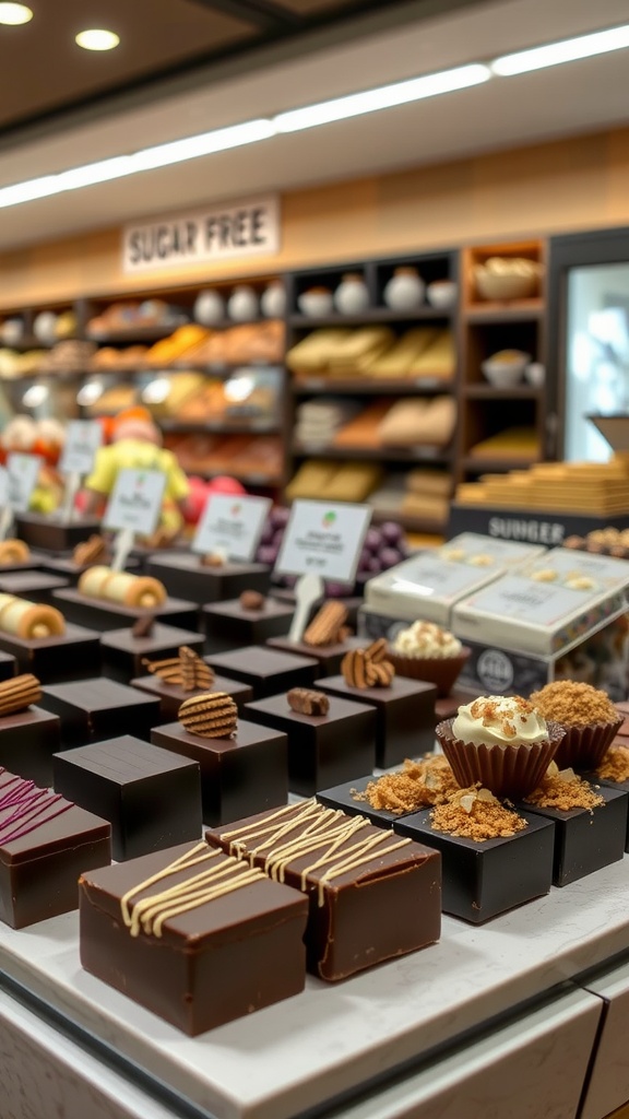 A display of assorted sugar-free dark chocolate treats in a food court.