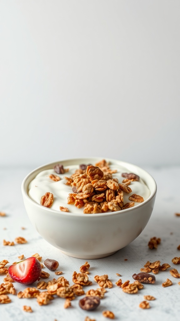 A bowl of yogurt topped with sugar-free granola and a strawberry.