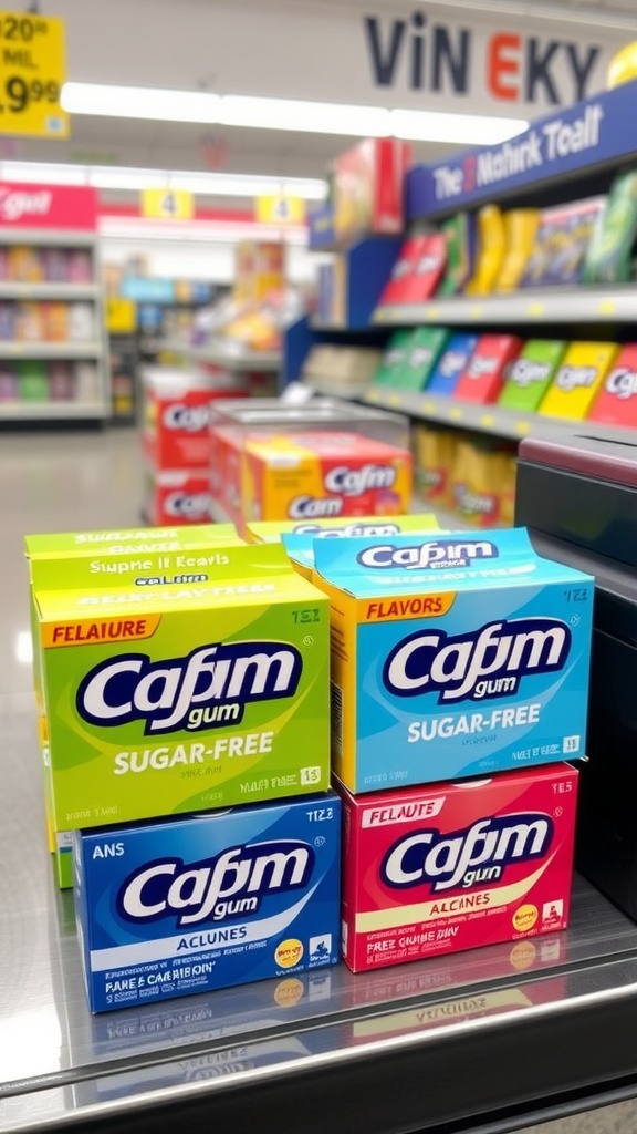 Various brands of sugar-free gum displayed in a convenience store.