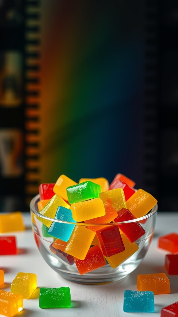 A bowl filled with colorful sugar-free gummy candies.