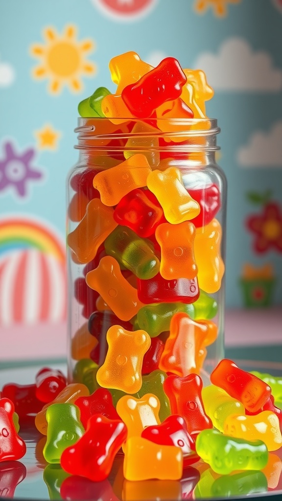 A jar filled with colorful sugar-free gummy bears.