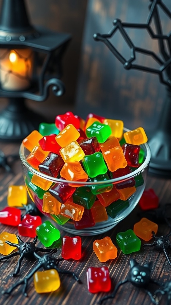 A bowl of colorful sugar-free gummy bears surrounded by Halloween decorations