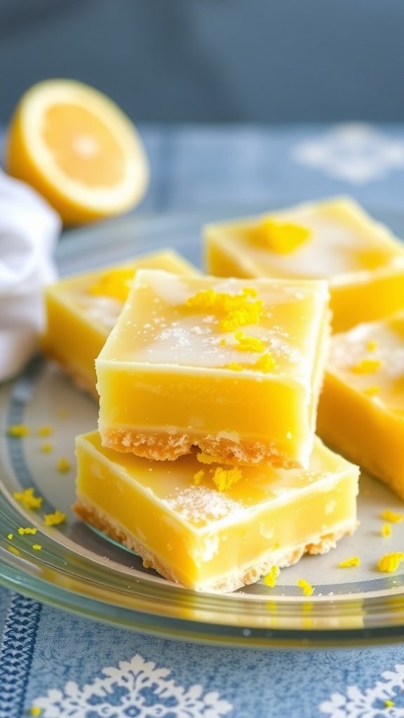 A plate of sugar-free lemon bars garnished with lemon zest and a slice of lemon, with fresh lemons in the background.