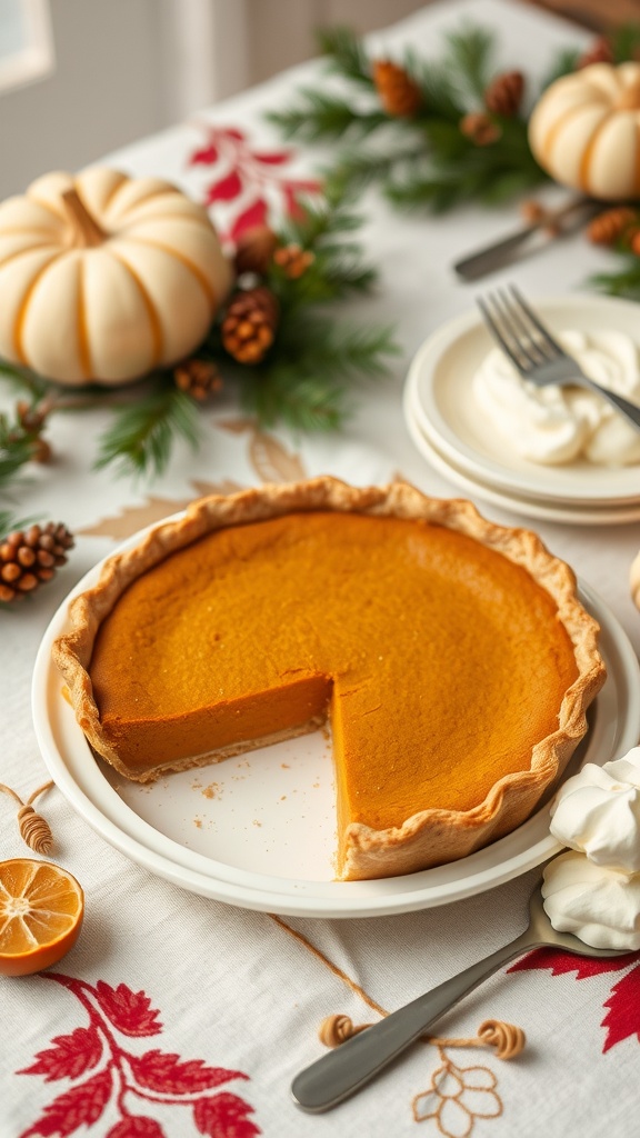 A slice of sugar-free pumpkin pie on a festive table setting with pumpkins and pinecones.