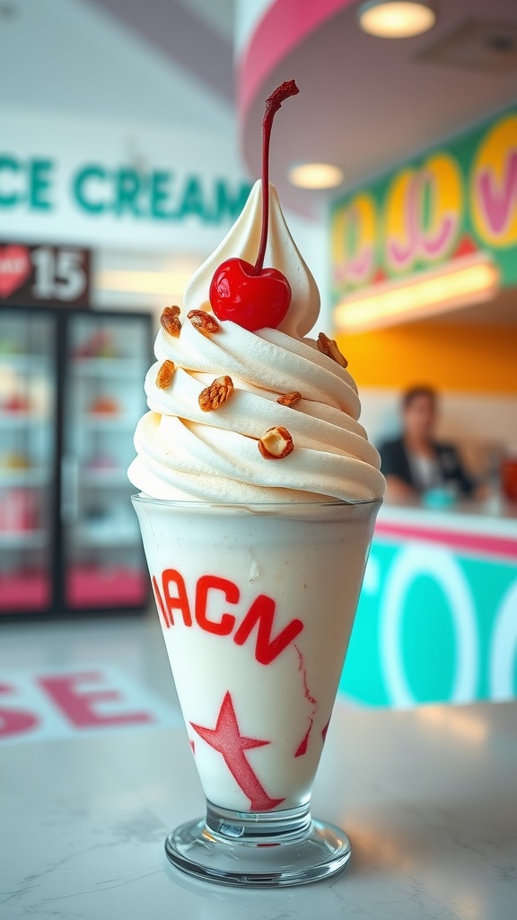 A delicious cup of sugar-free soft serve ice cream topped with a cherry and nuts.