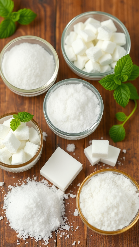 Variety of sugar-free sweeteners including stevia and erythritol on a wooden surface.