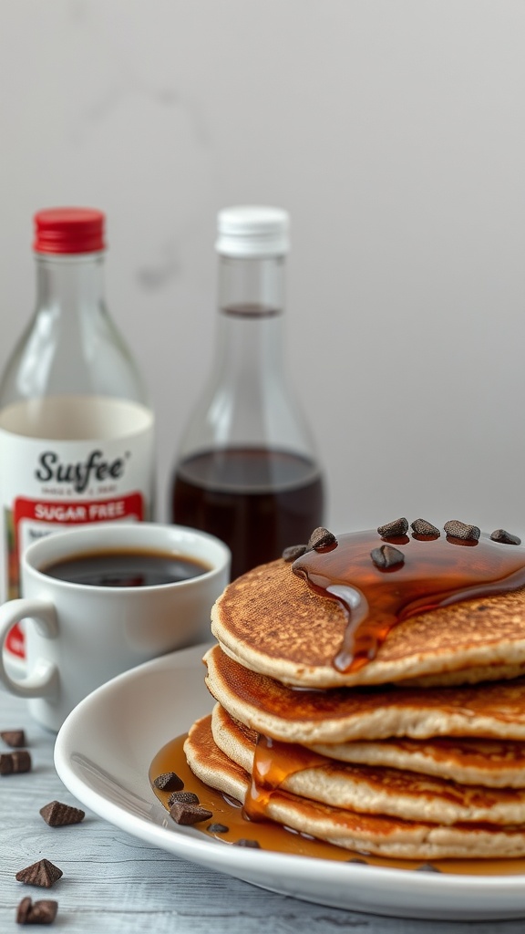 A plate of pancakes topped with syrup, chocolate chips, and a cup of coffee in the background.