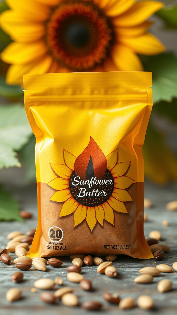 A pack of sunflower seed butter among hiking gear, surrounded by nature.