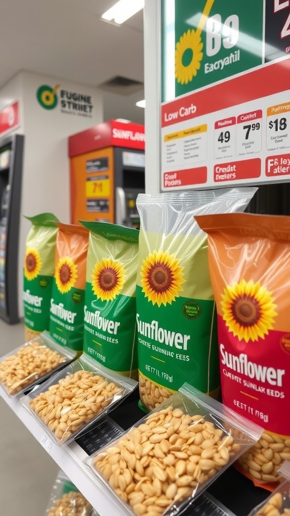 Display of sunflower seed bags in various flavors at a gas station.