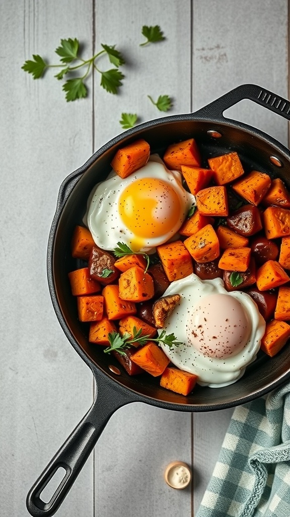 A skillet filled with golden sweet potato cubes and two perfectly fried eggs, garnished with fresh herbs.