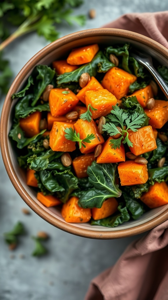 Bowl of sweet potato hash with kale and pumpkin seeds.