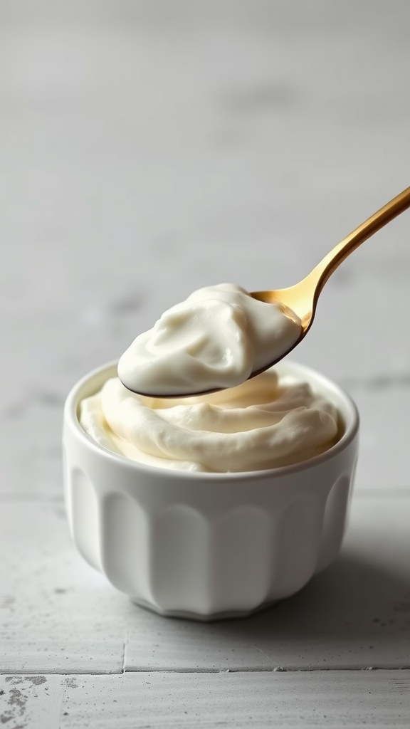 A spoonful of sweetened coconut cream above a small bowl of the cream.