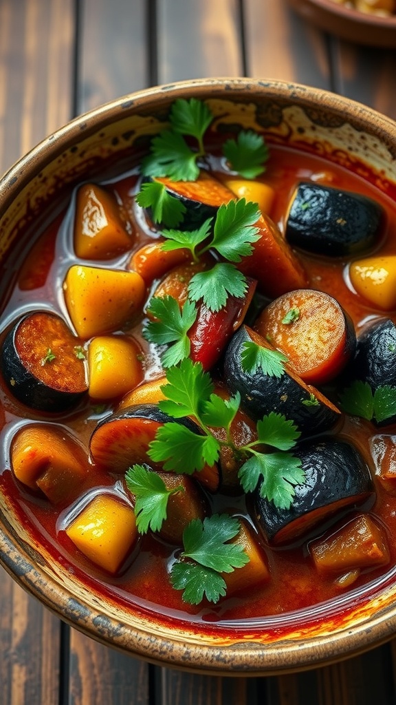 A bowl of Szechuan eggplant stew with vibrant vegetables and herbs.