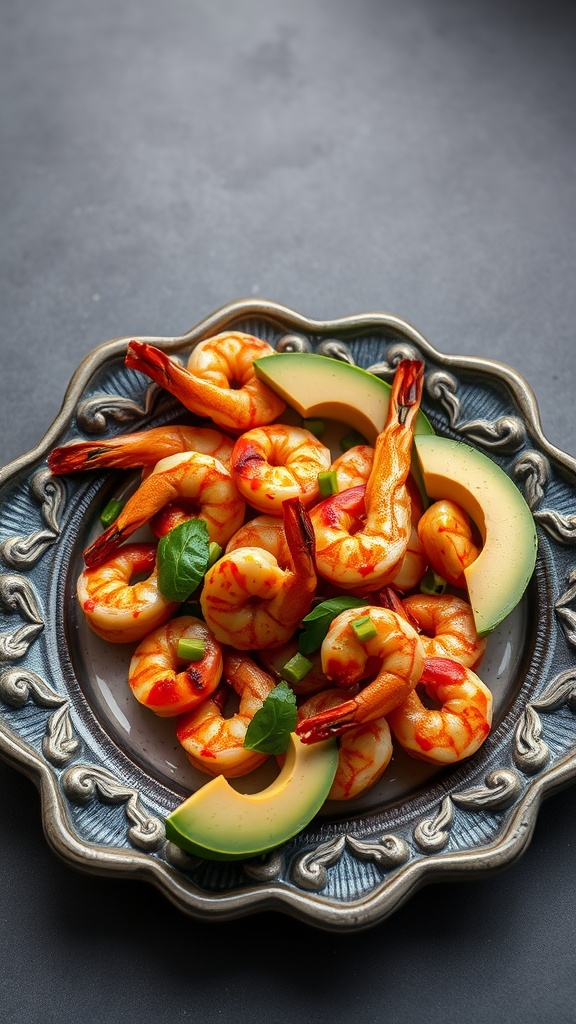 Plate of Szechuan shrimp with avocado slices