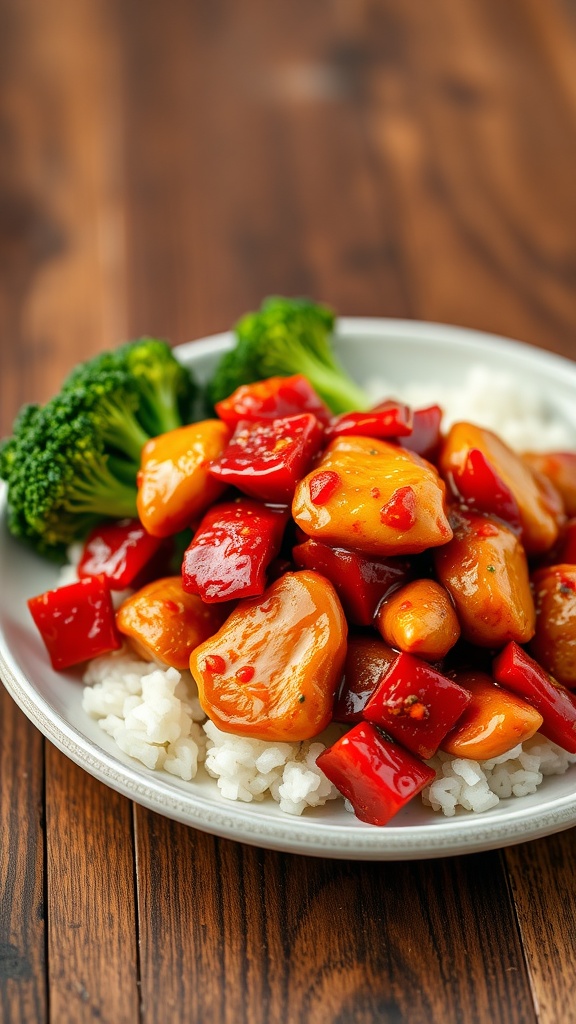 A plate of Szechuan spicy chicken with broccoli and red peppers on a bed of rice