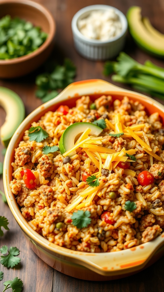 A colorful and hearty taco casserole topped with cheese and garnished with cilantro.