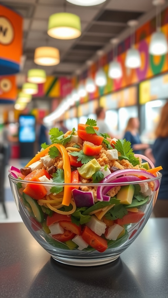 A vibrant taco salad bowl filled with fresh vegetables, cheese, and toppings.