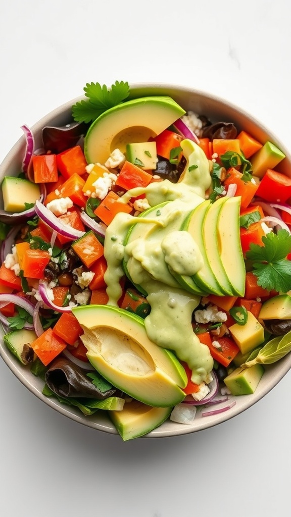 A colorful taco salad topped with avocado dressing, featuring diced vegetables and avocado slices.