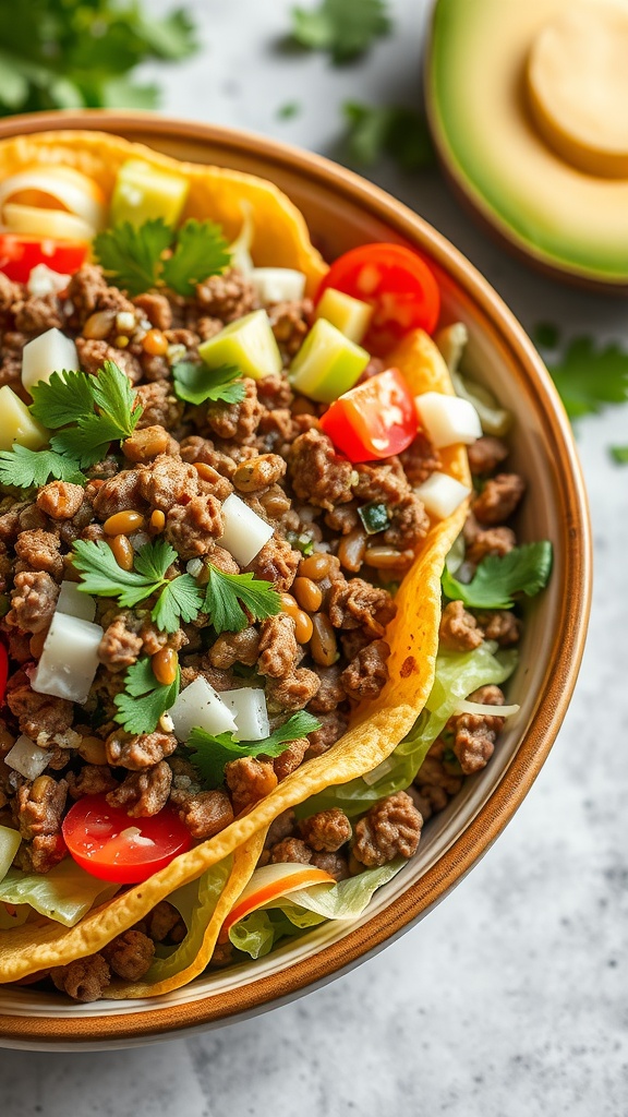 A colorful taco salad with ground beef, fresh vegetables, and toppings in a bowl.