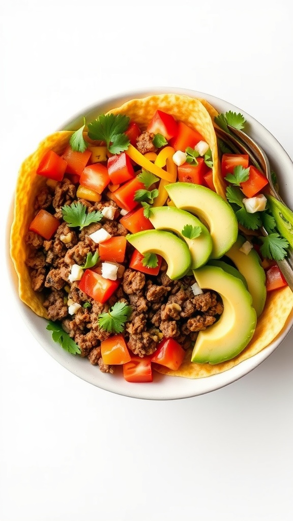 A delicious taco salad with ground beef, diced tomatoes, avocado slices, and cilantro in a bowl.