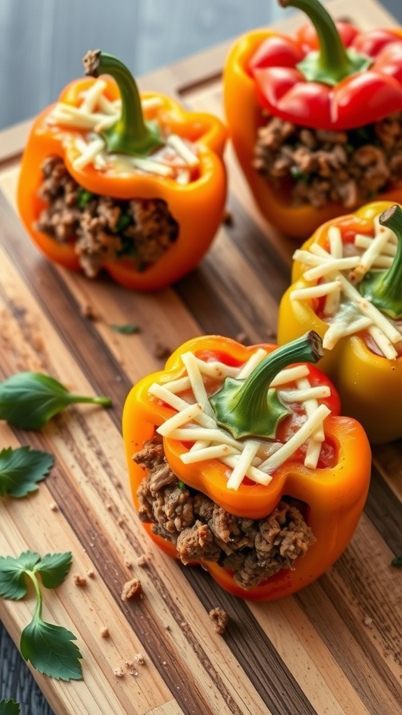 Taco stuffed bell peppers filled with seasoned meat and topped with cheese on a wooden cutting board.