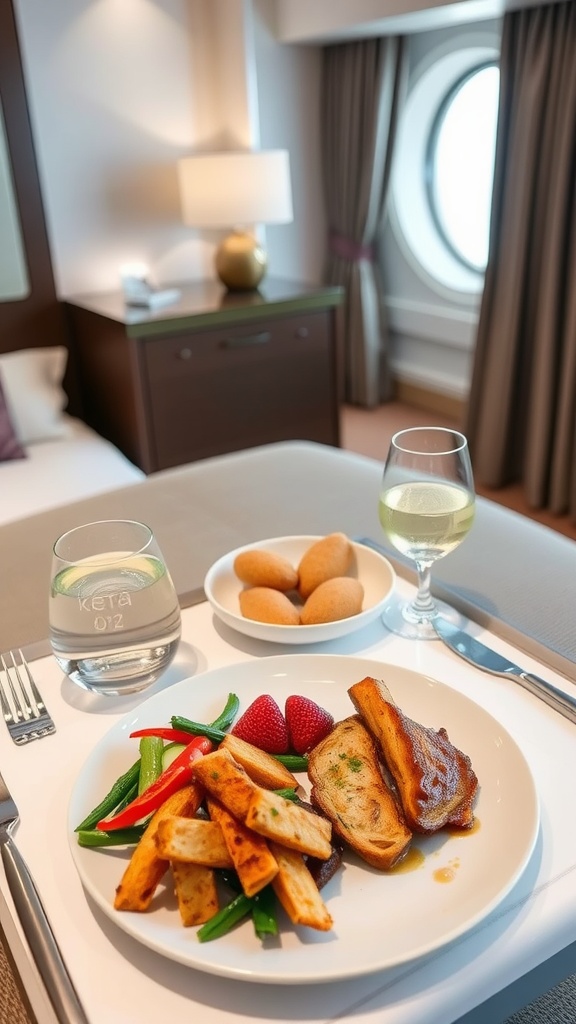 A plate of keto-friendly food on a room service tray in a cruise cabin.
