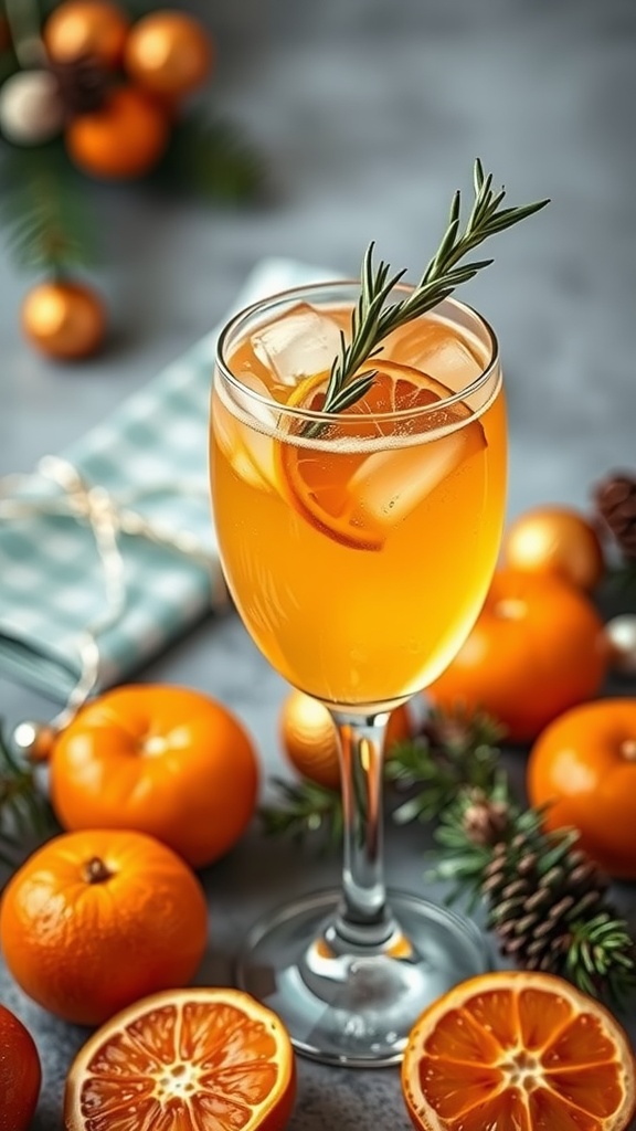 A refreshing Tangerine Rosemary Spritz cocktail garnished with rosemary, surrounded by tangerines.