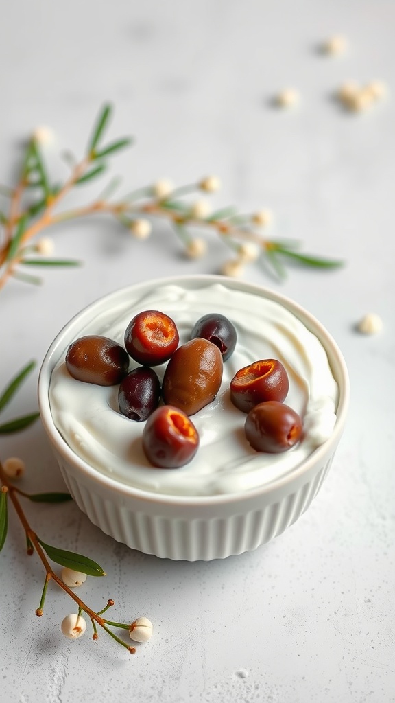 A bowl of yogurt topped with Greek olives