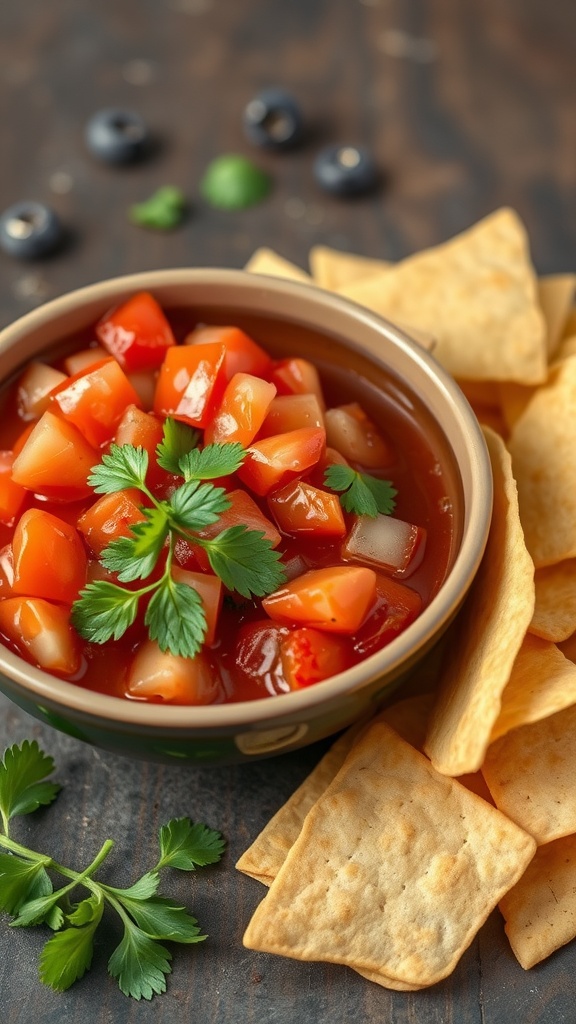 A bowl of tangy tomato salsa with fresh herbs surrounded by keto friendly chips.