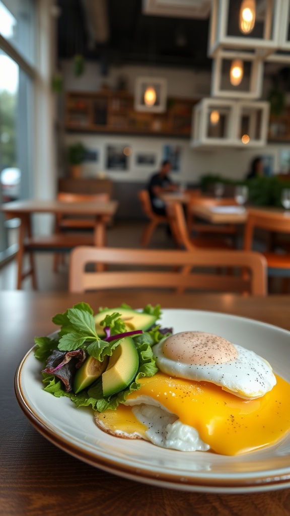 A delicious brunch plate with eggs, greens, and avocado at The Egg & I.