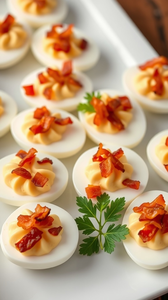 A plate of deviled eggs topped with crispy bacon pieces and parsley.