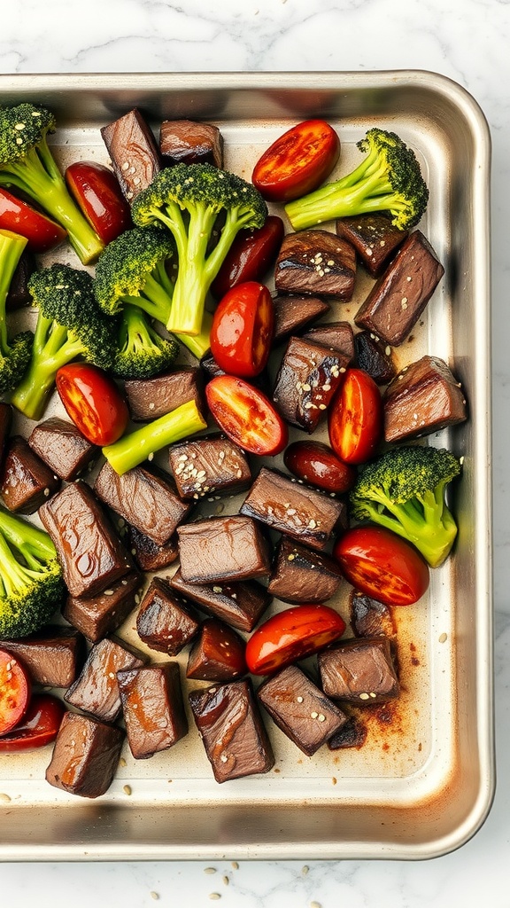 A sheet pan with teriyaki beef, broccoli, and cherry tomatoes.