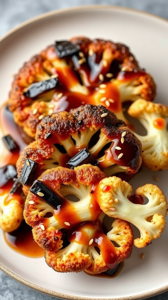 Grilled cauliflower steaks topped with teriyaki sauce and sesame seeds on a plate.