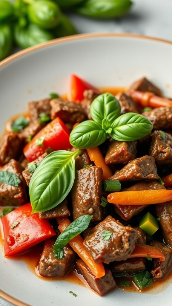 A plate of Thai Basil Beef with colorful peppers and fresh basil leaves.