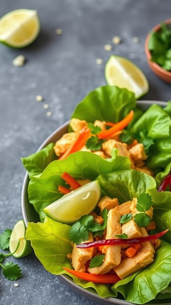 Thai chicken lettuce cups with vegetables and lime on a plate.