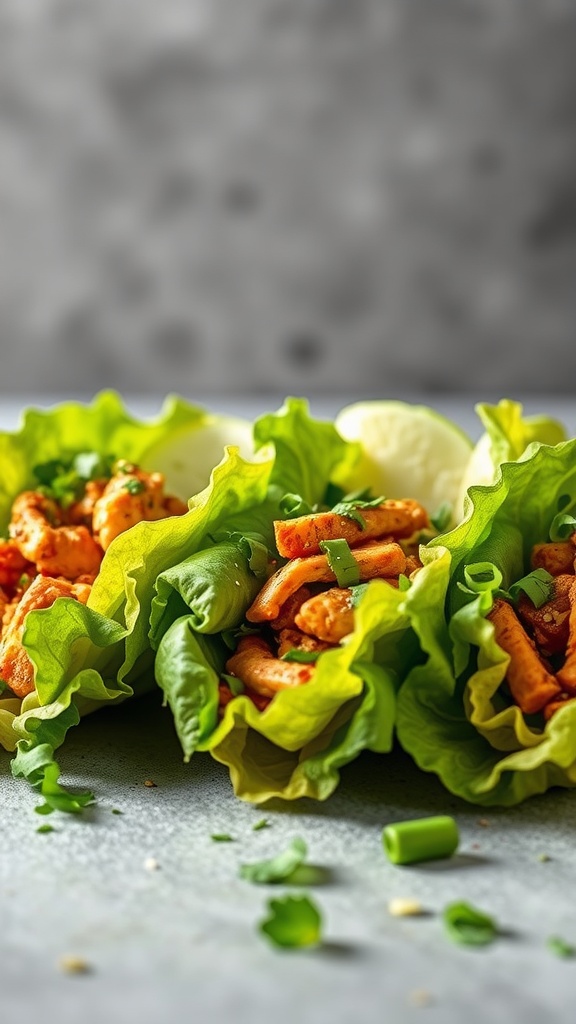 Thai chicken lettuce wraps on a gray surface.