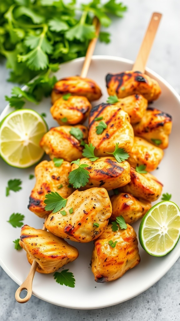 A plate of Thai coconut chicken skewers with fresh lime and cilantro.