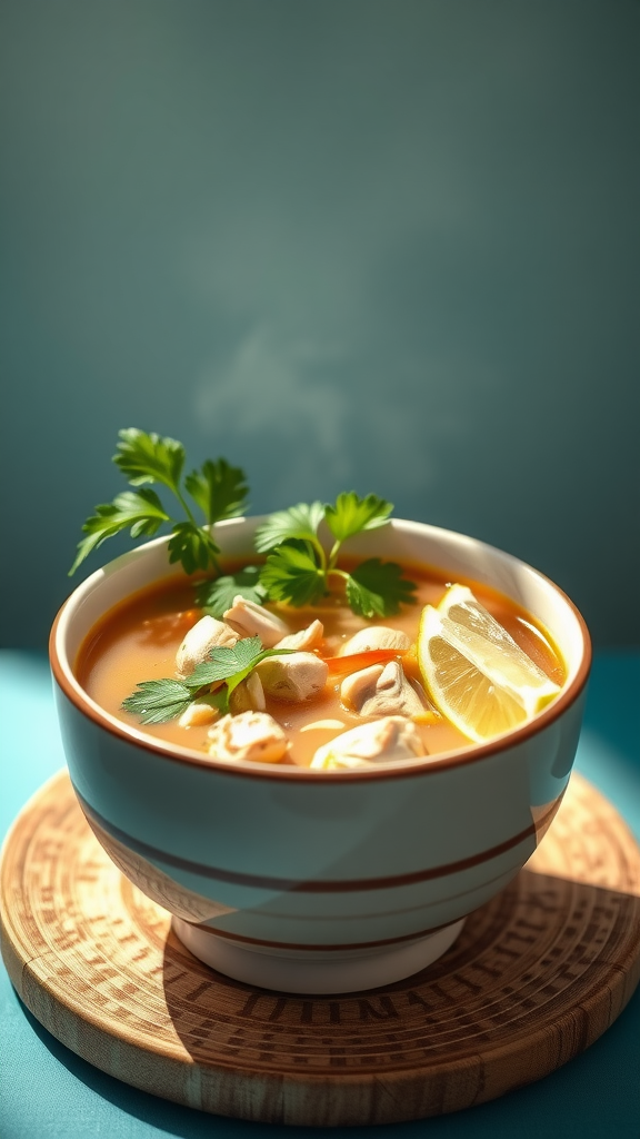 A bowl of Thai Coconut Chicken Soup garnished with lime and cilantro, set against an orange background.