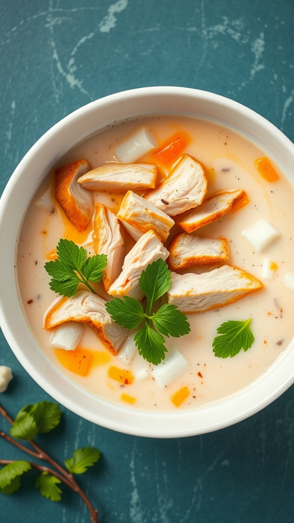 A bowl of Thai coconut chicken soup with chicken pieces and colorful vegetables.