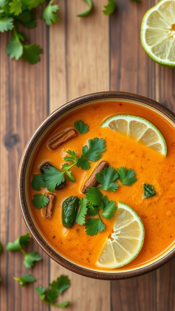 A bowl of Thai coconut curry soup garnished with lime and cilantro on a wooden table.