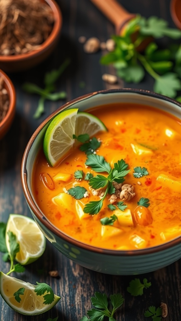 A bowl of Thai coconut curry soup garnished with lime and cilantro