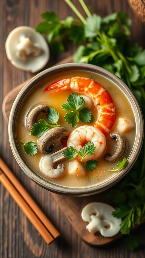 A bowl of Thai Coconut Soup with shrimp, mushrooms, and cilantro on a wooden table.