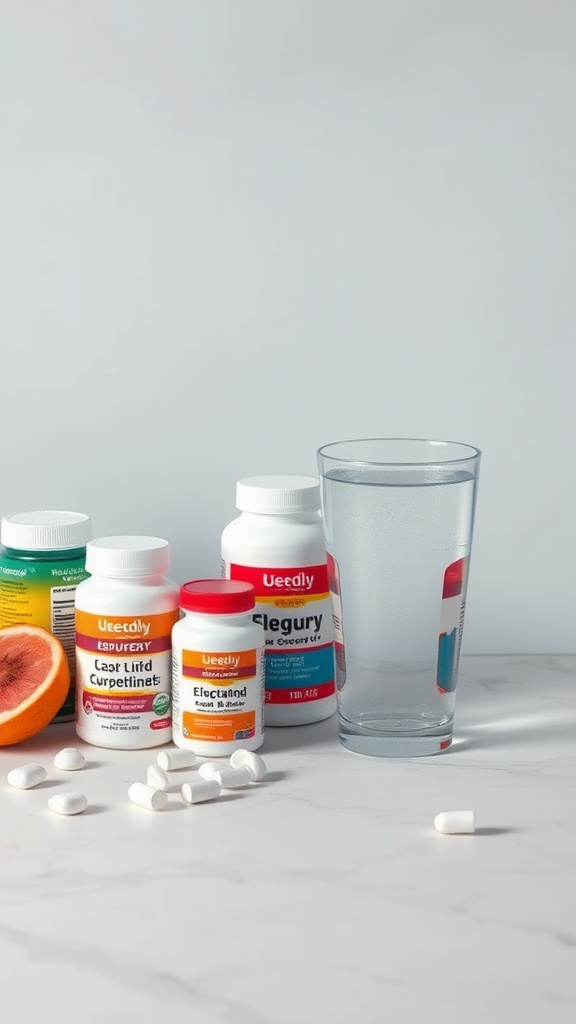 Various electrolyte supplements and a glass of water on a marble surface.