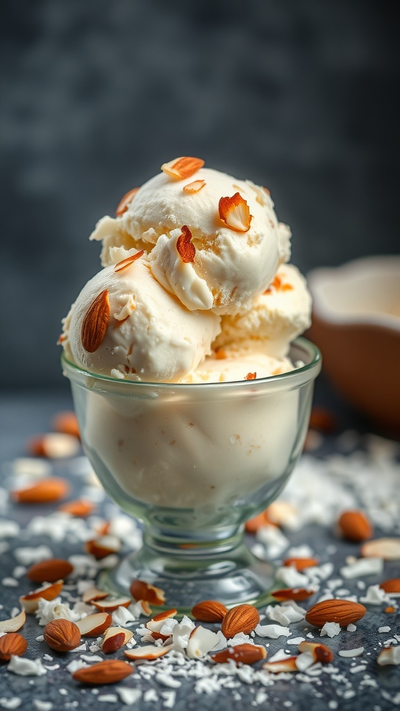 A bowl of toasted almond coconut crunch ice cream with almond slices on top, surrounded by coconut flakes and whole almonds.