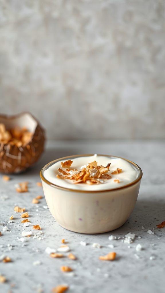 A bowl of toasted coconut panna cotta topped with coconut flakes.