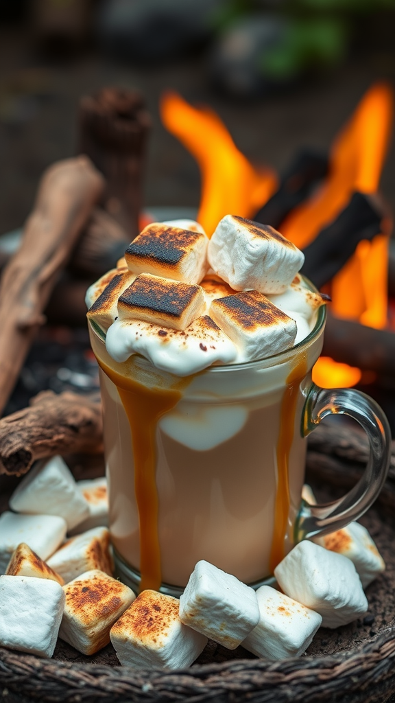 A mug of coffee topped with toasted marshmallows, surrounded by marshmallows and coffee beans, with a warm fire in the background.