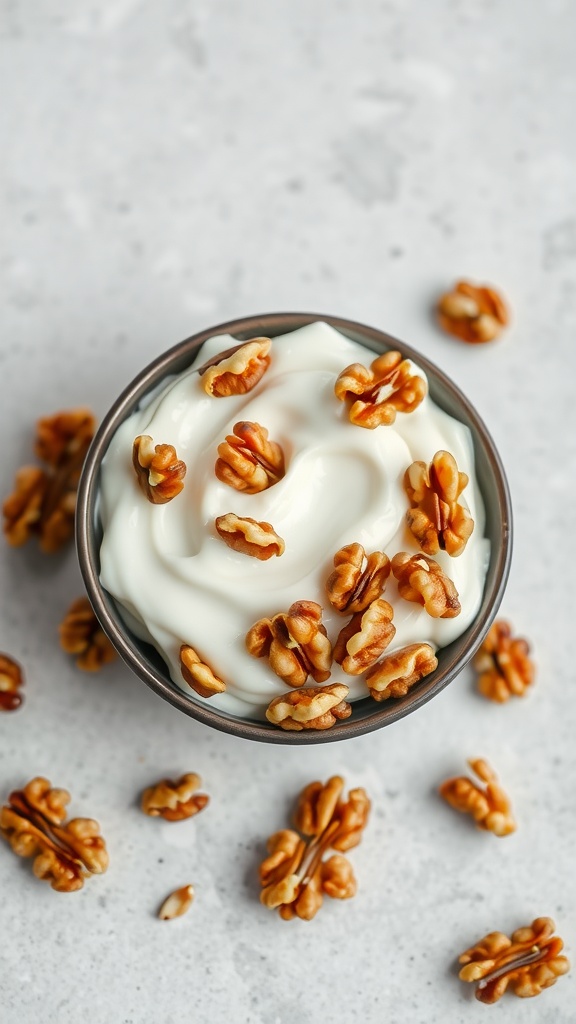 A bowl of yogurt topped with toasted walnuts on a light surface.